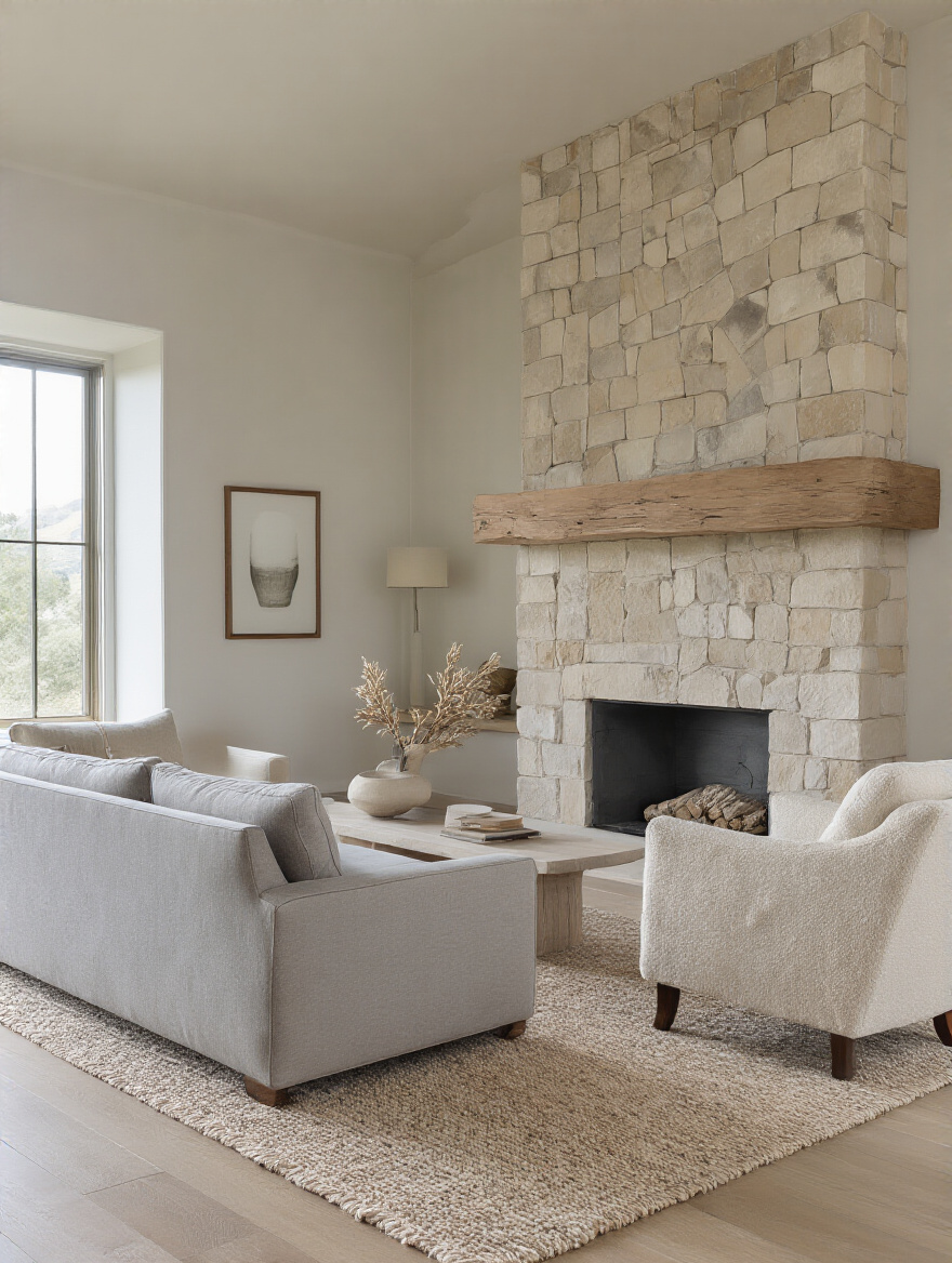 Elegant living room with a cream sofa and armchairs arranged around a minimalist stone fireplace, highlighting a natural focal point for the seating arrangement.
