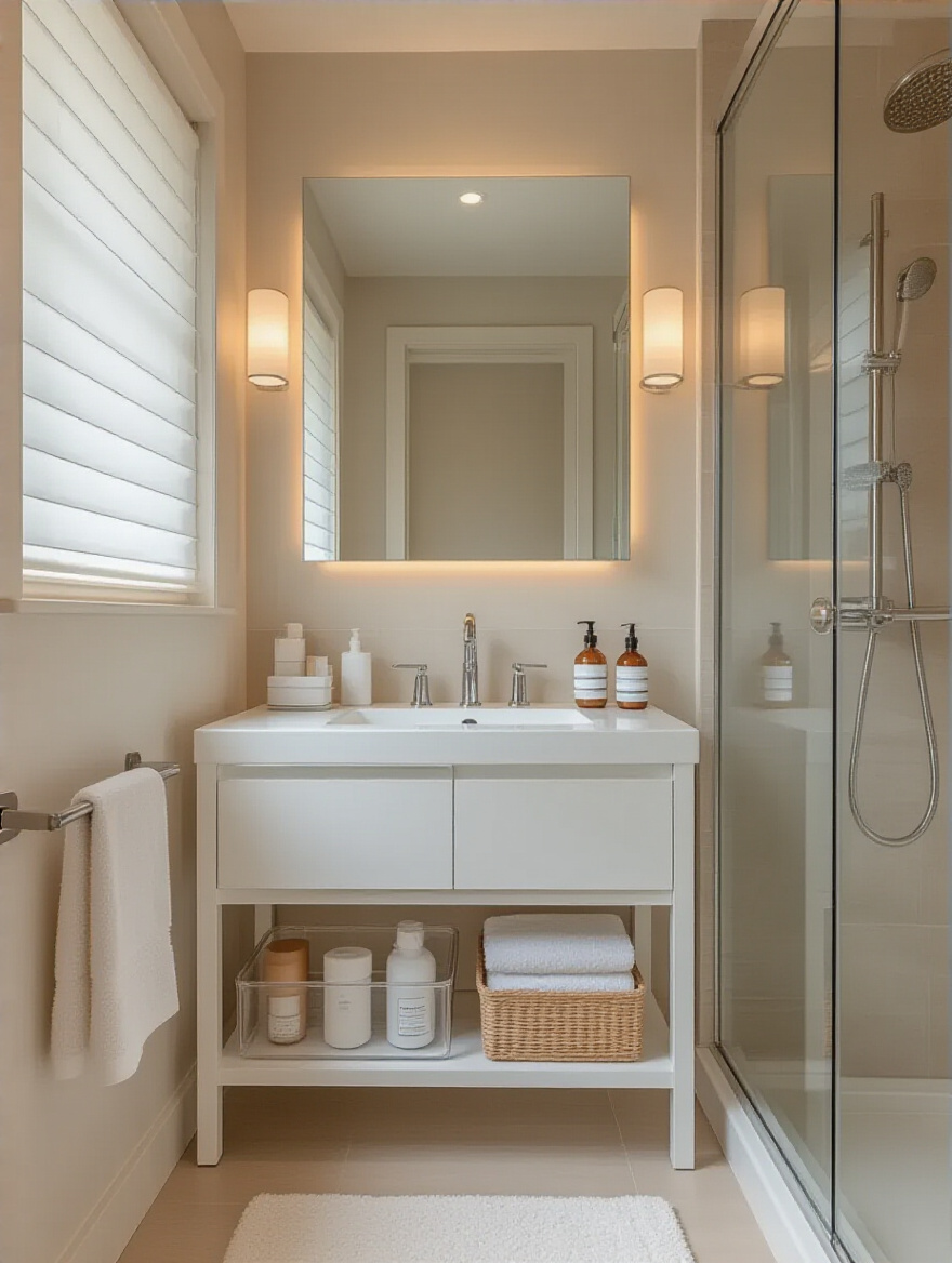 Portrait of a tidy small bathroom with organized vanity and decluttered surfaces.