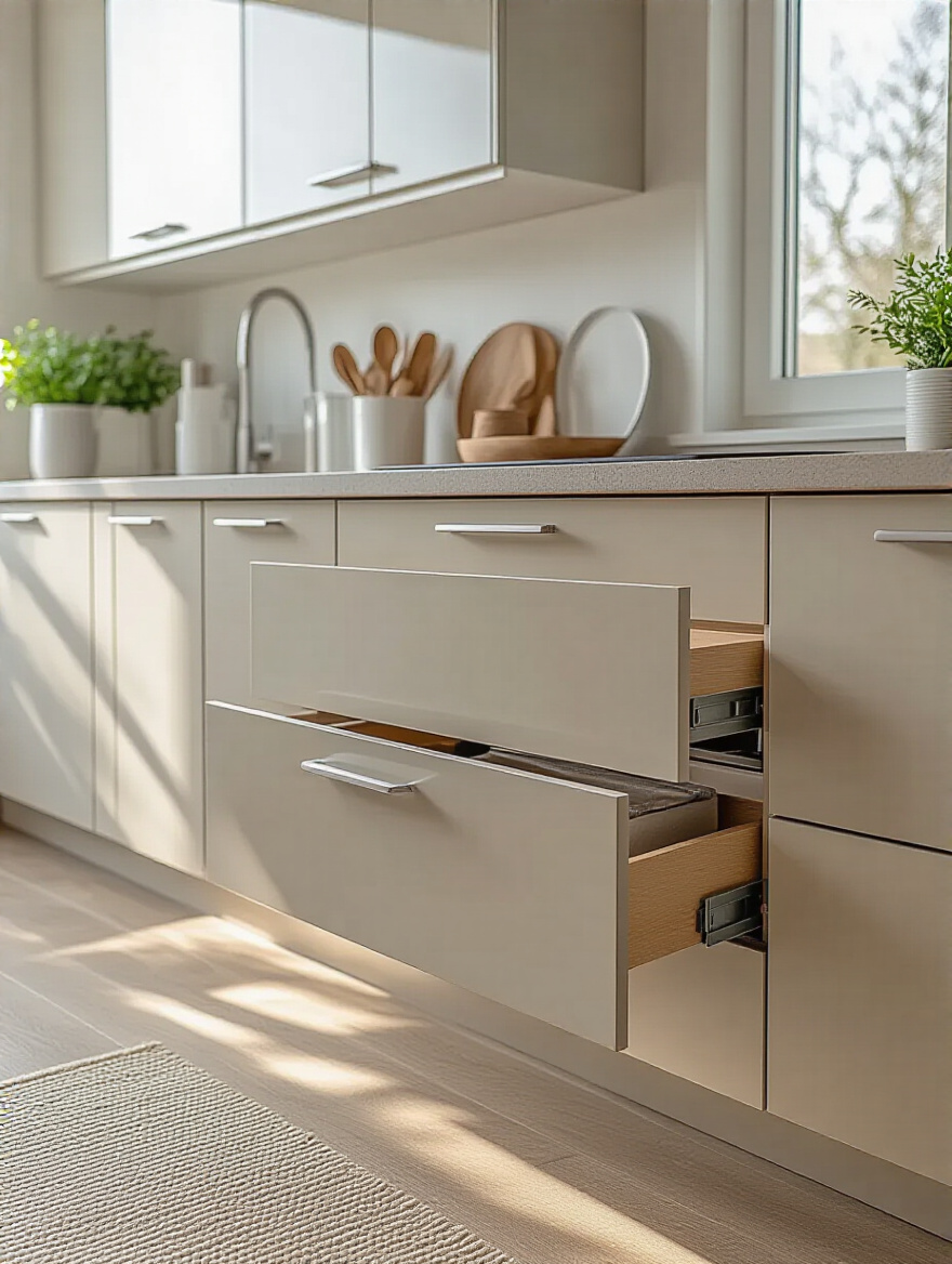 Close-up of a modern kitchen base cabinet with a partially open toe-kick drawer, revealing smart hidden storage for kitchen essentials, demonstrating effective space utilization.