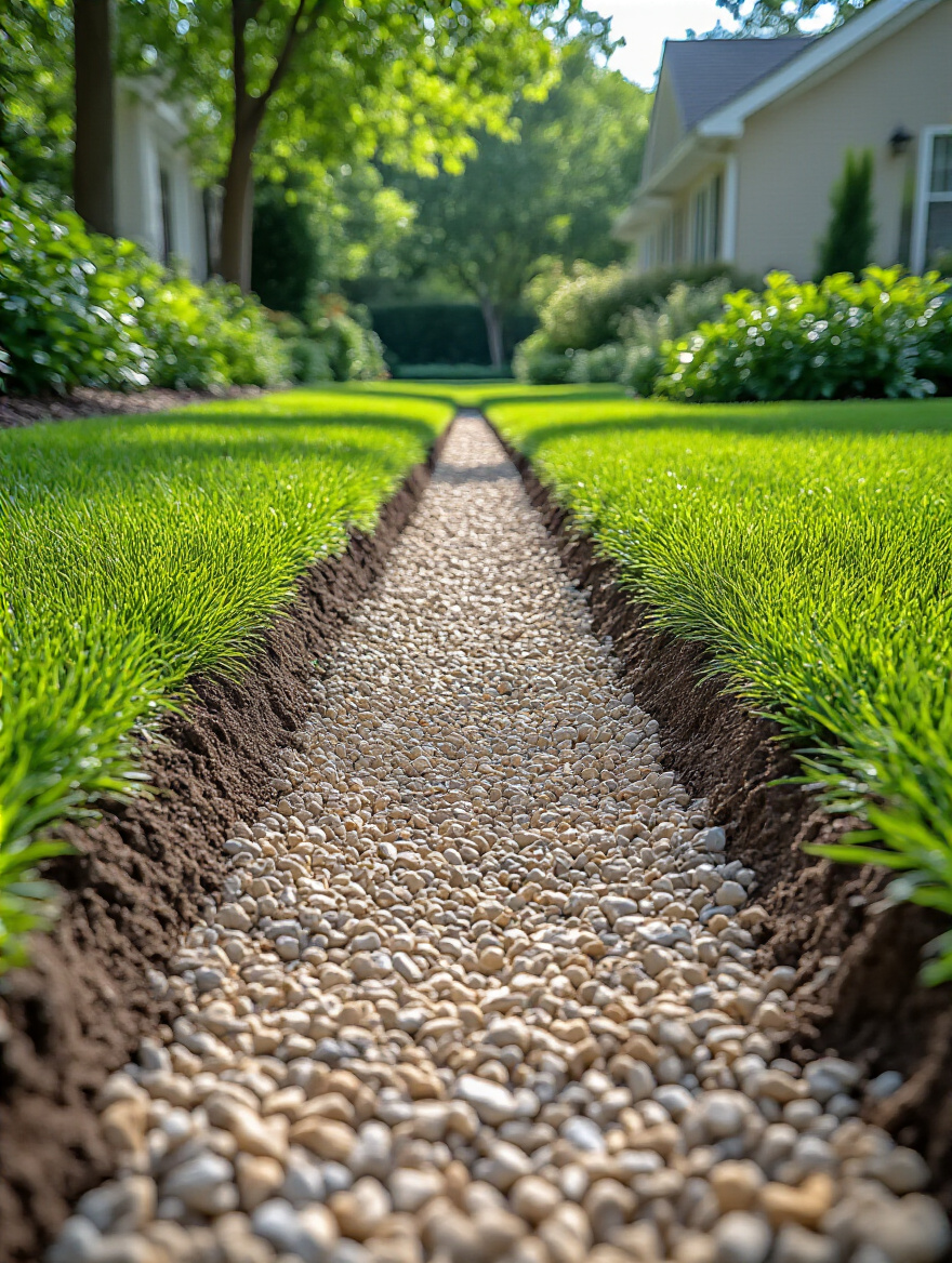 French drain system in a well-maintained garden, demonstrating effective landscape drainage and waterlogging prevention around healthy plants.
