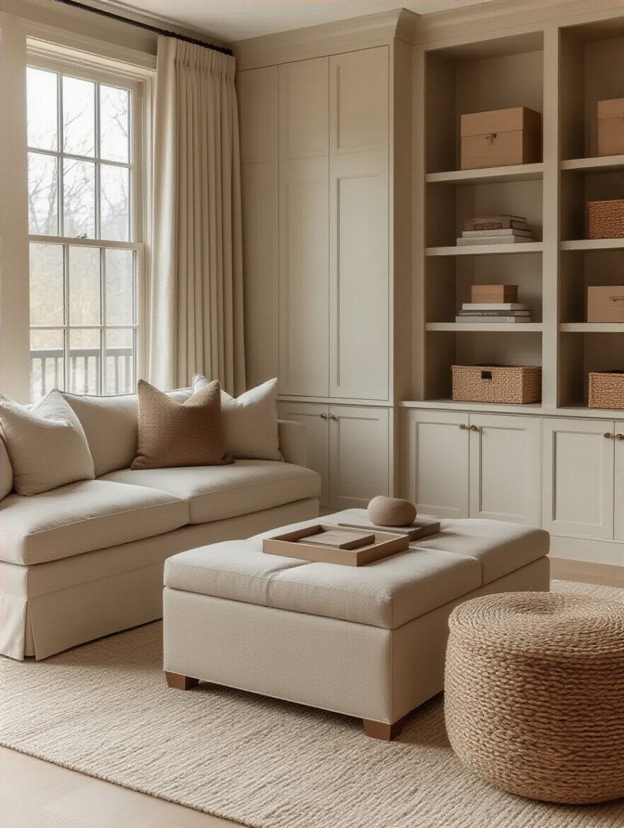 Cozy living room with hidden storage and clutter-free surfaces