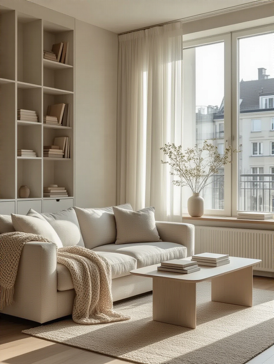 Neatly organized and serene apartment living room with light furniture and subtle storage, representing a successful decluttering strategy.