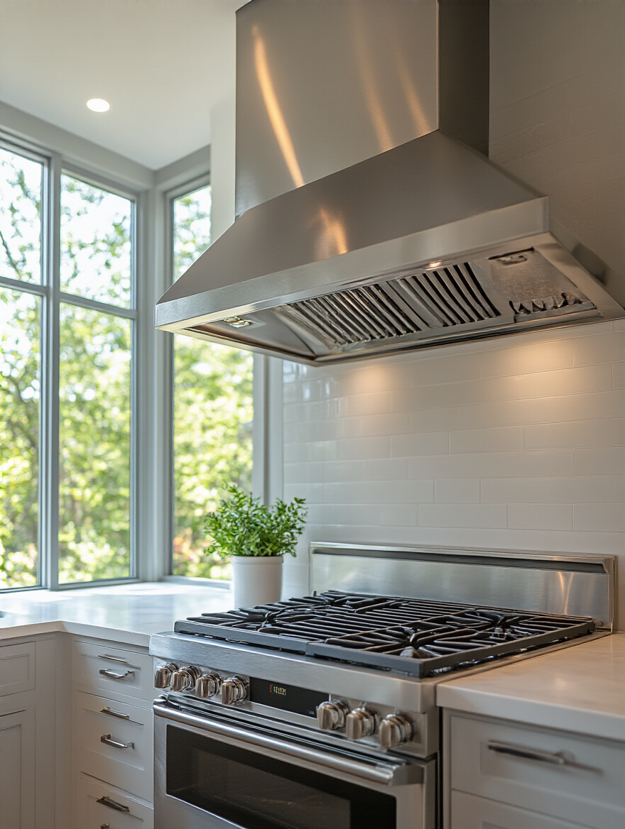 Vertical kitchen scene with stainless steel range hood and new filter