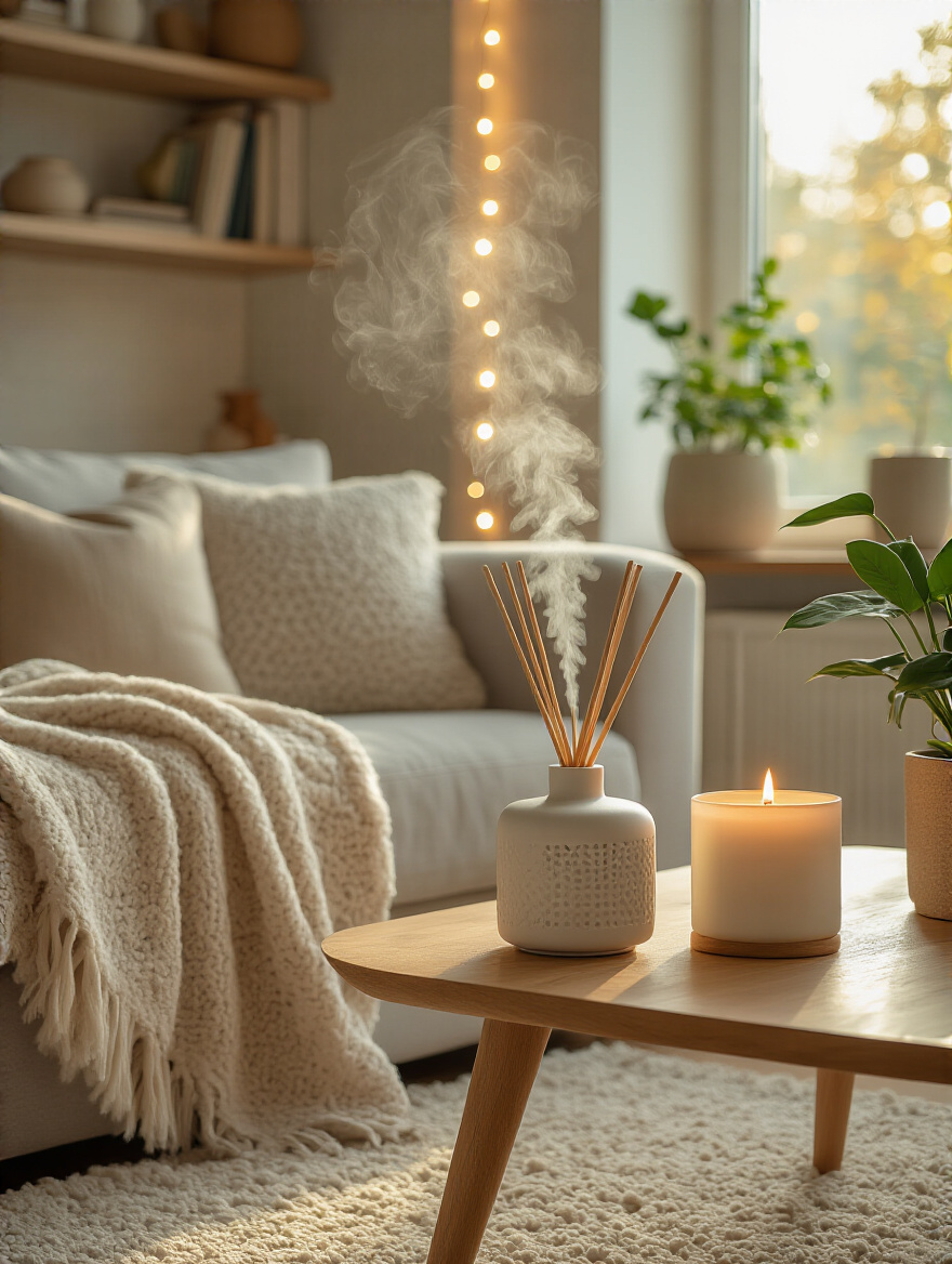 Cozy living room aroma with diffuser and candle