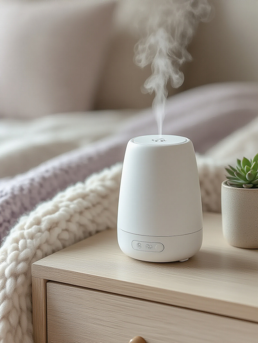Aromatic teen bedroom featuring a modern essential oil diffuser on a nightstand, with soft lighting and cozy decor for relaxation.
