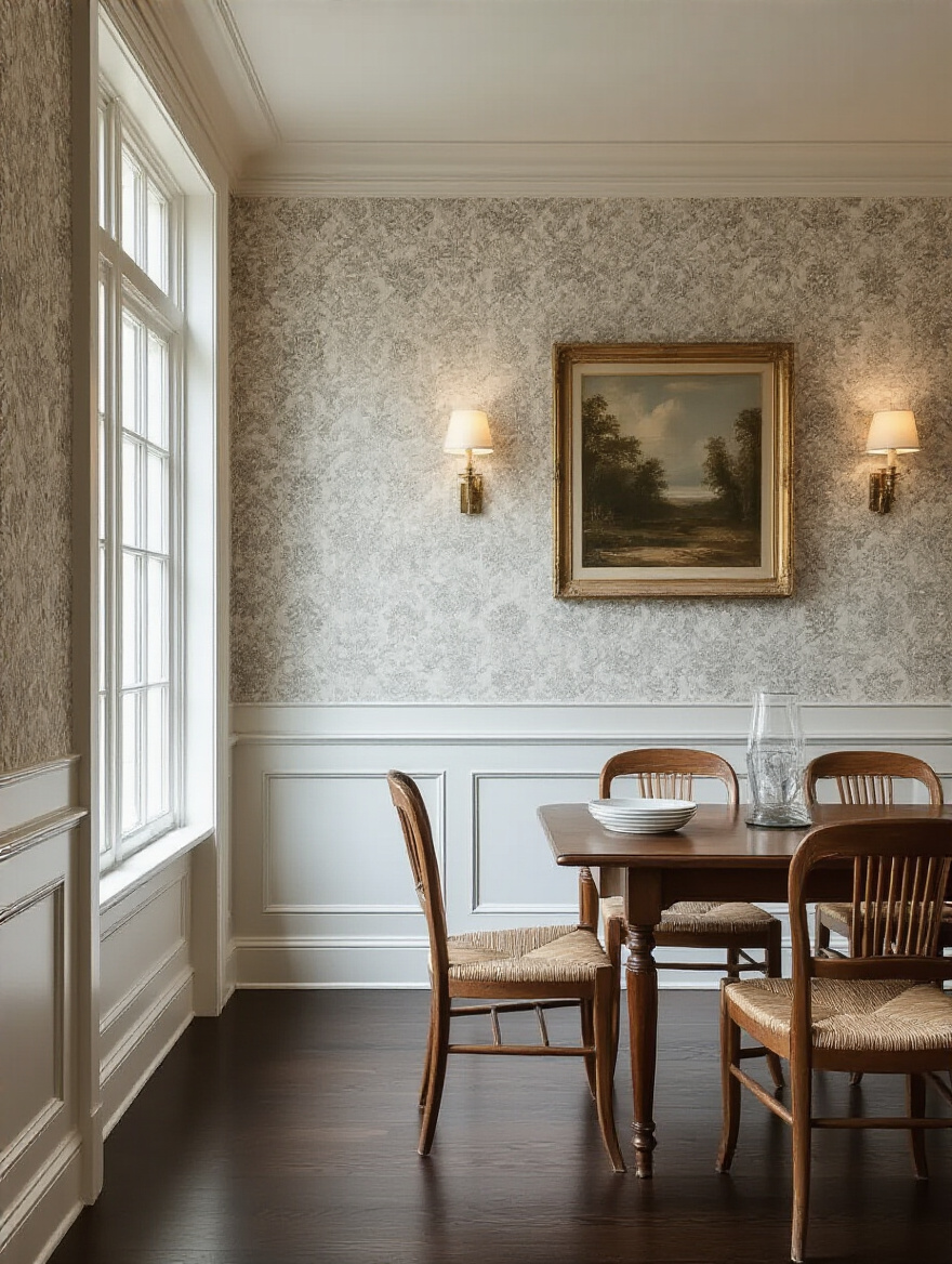Polished dining room wall with integrated trim and wallpaper panels