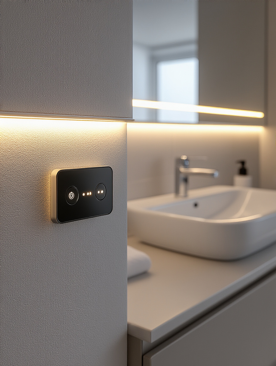 Modern bathroom vanity with integrated dimmer switch set to a soft light, showcasing adjustable ambiance and energy efficiency for bathroom vanity lighting.