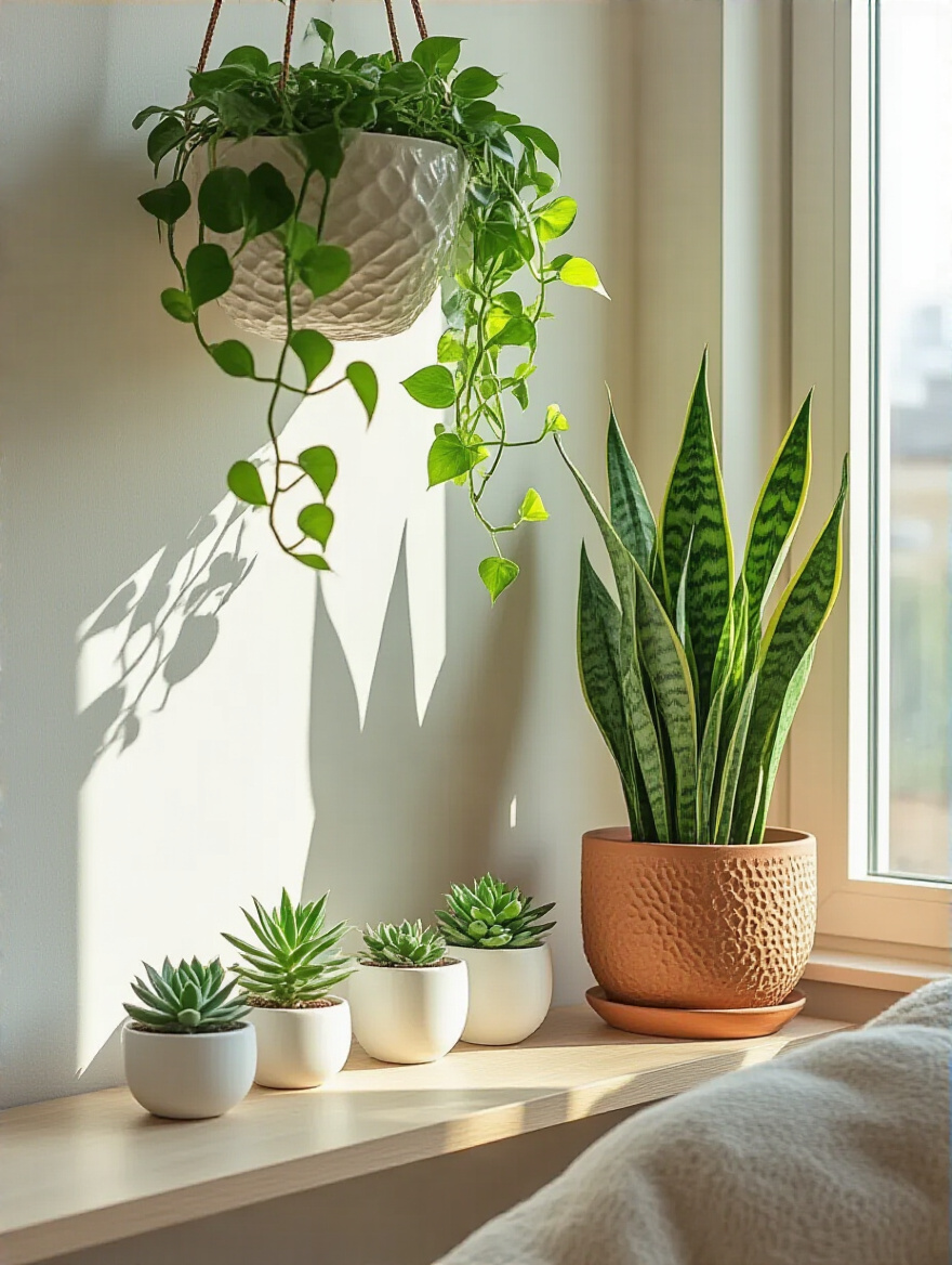 A brightly lit apartment living room corner featuring a tall Snake Plant in a ceramic pot, a trailing Pothos in a macrame hanger, and smaller succulents on a floating shelf, showcasing lush indoor plants enhancing the decor and air quality.