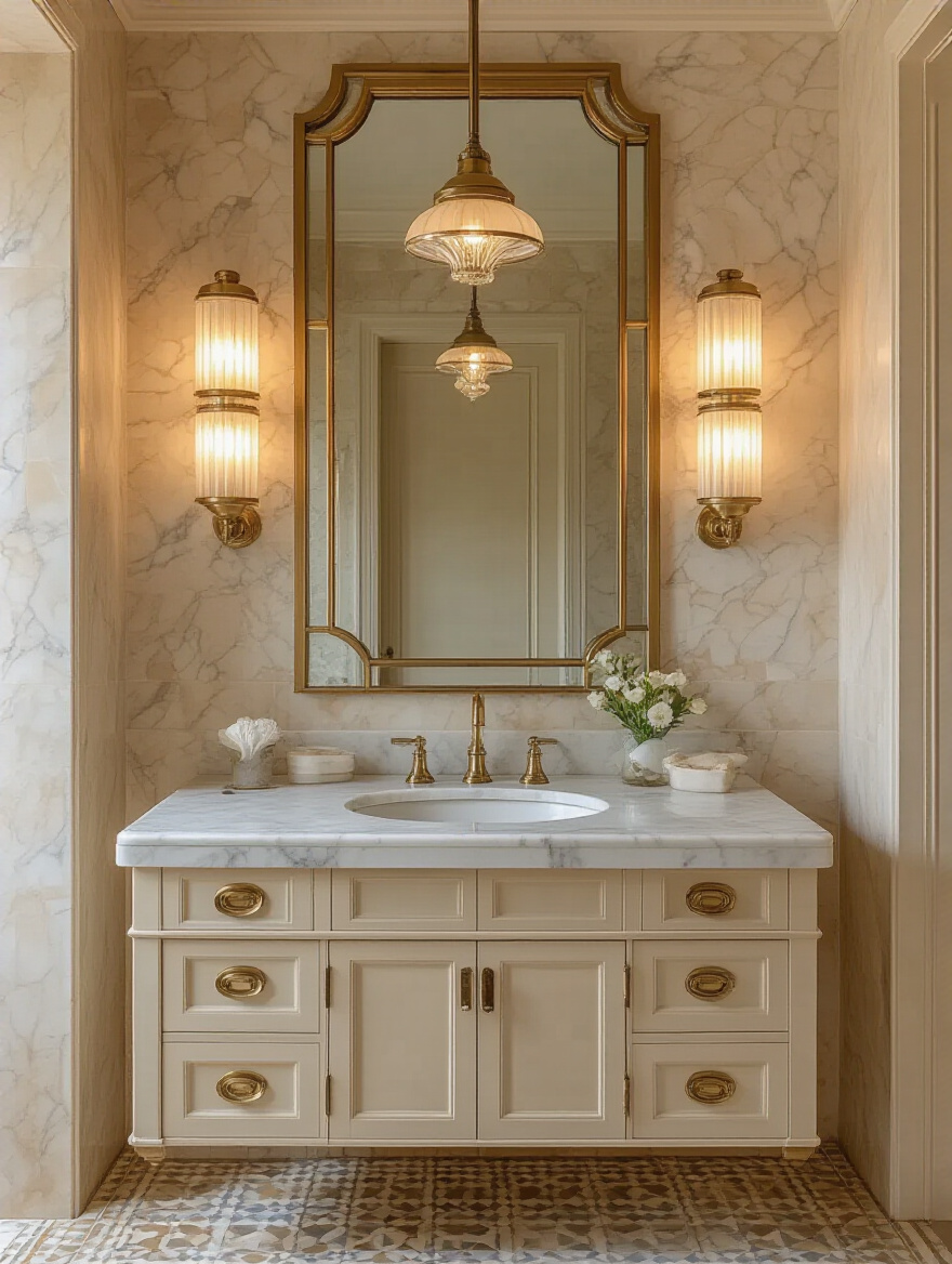 Portrait of a vintage bathroom vanity lit by period sconces and an Art Deco chandelier