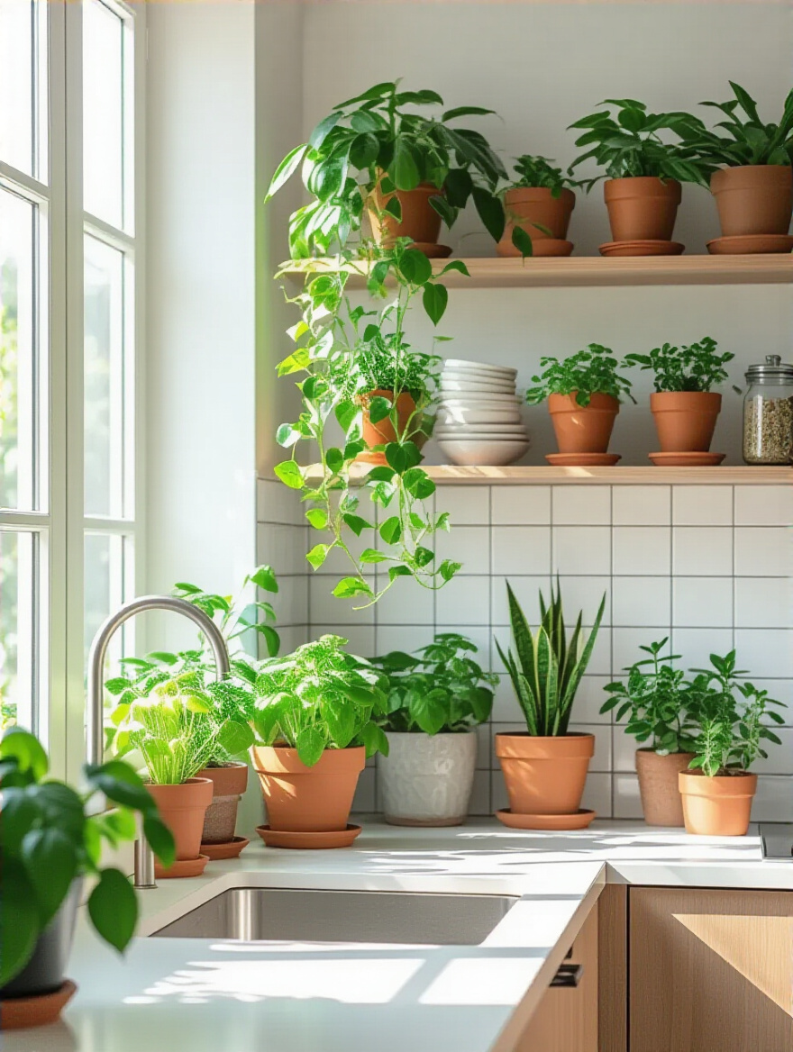 Vertical display of kitchen plants on a shelf beside a sunlit window