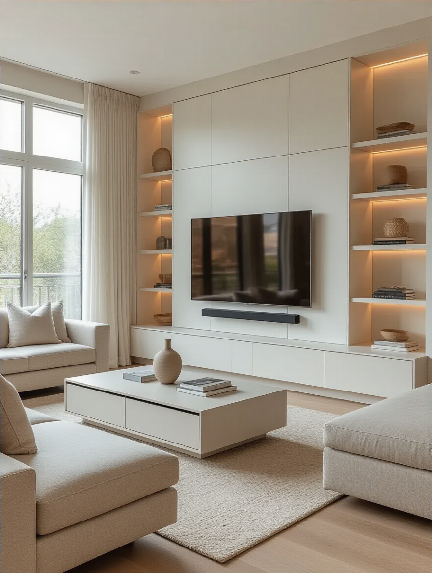 Modern living room with integrated smart storage solutions, including a sleek media console with hidden drawers, a lift-top coffee table, and a storage ottoman, creating a clutter-free and harmonious space.