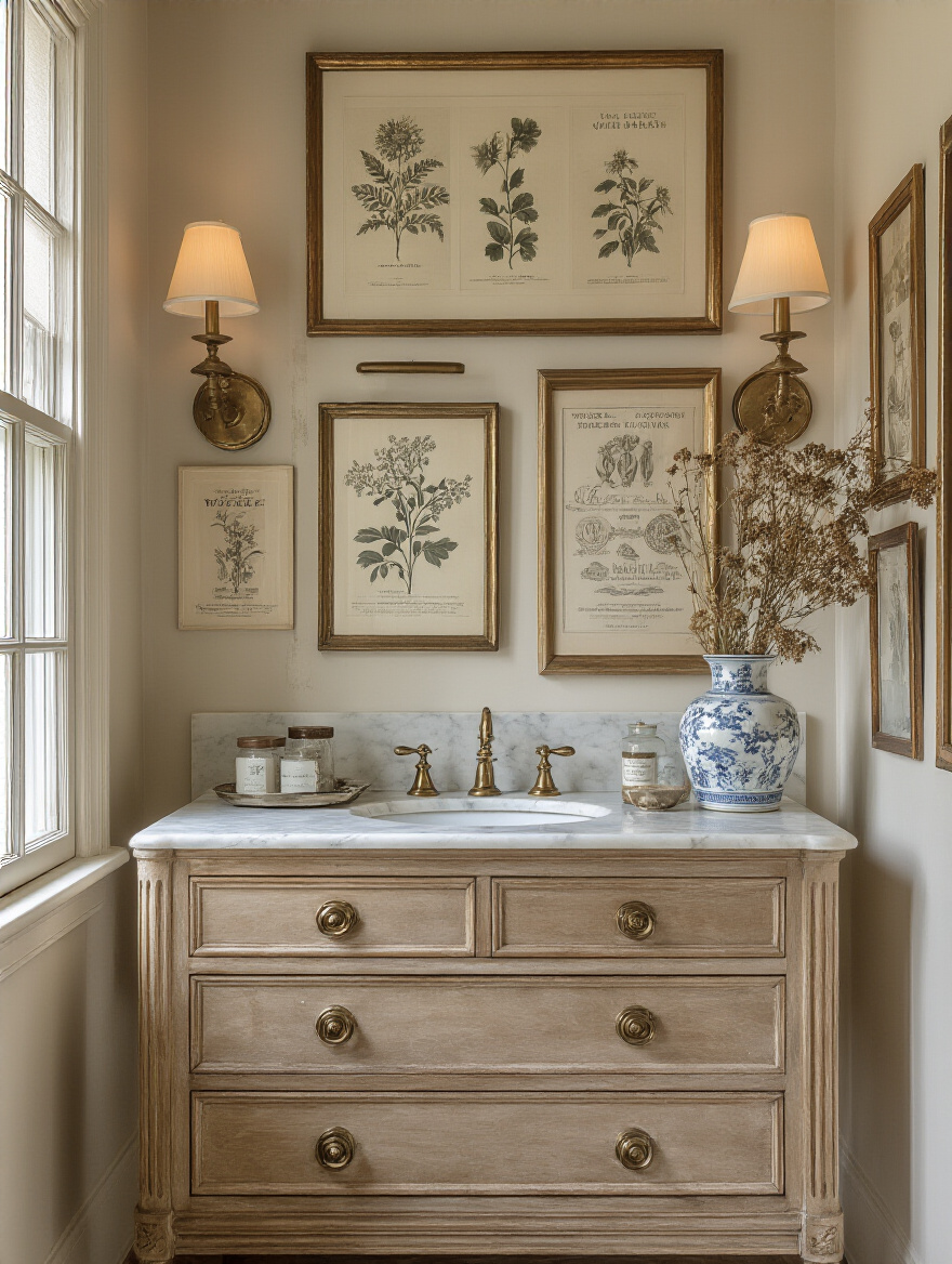 Portrait view of a vintage bathroom with framed prints and botanicals