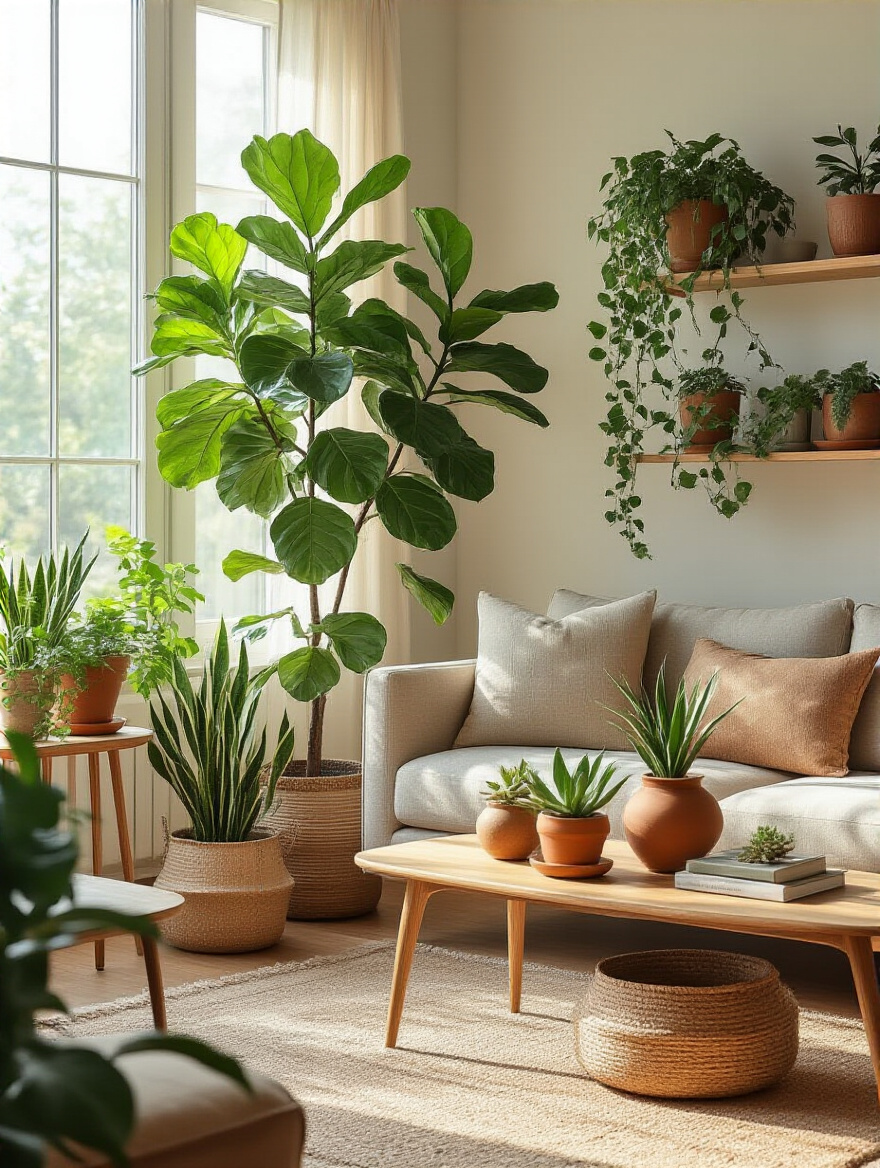 Tall fiddle-leaf fig and trailing pothos in a cozy living room