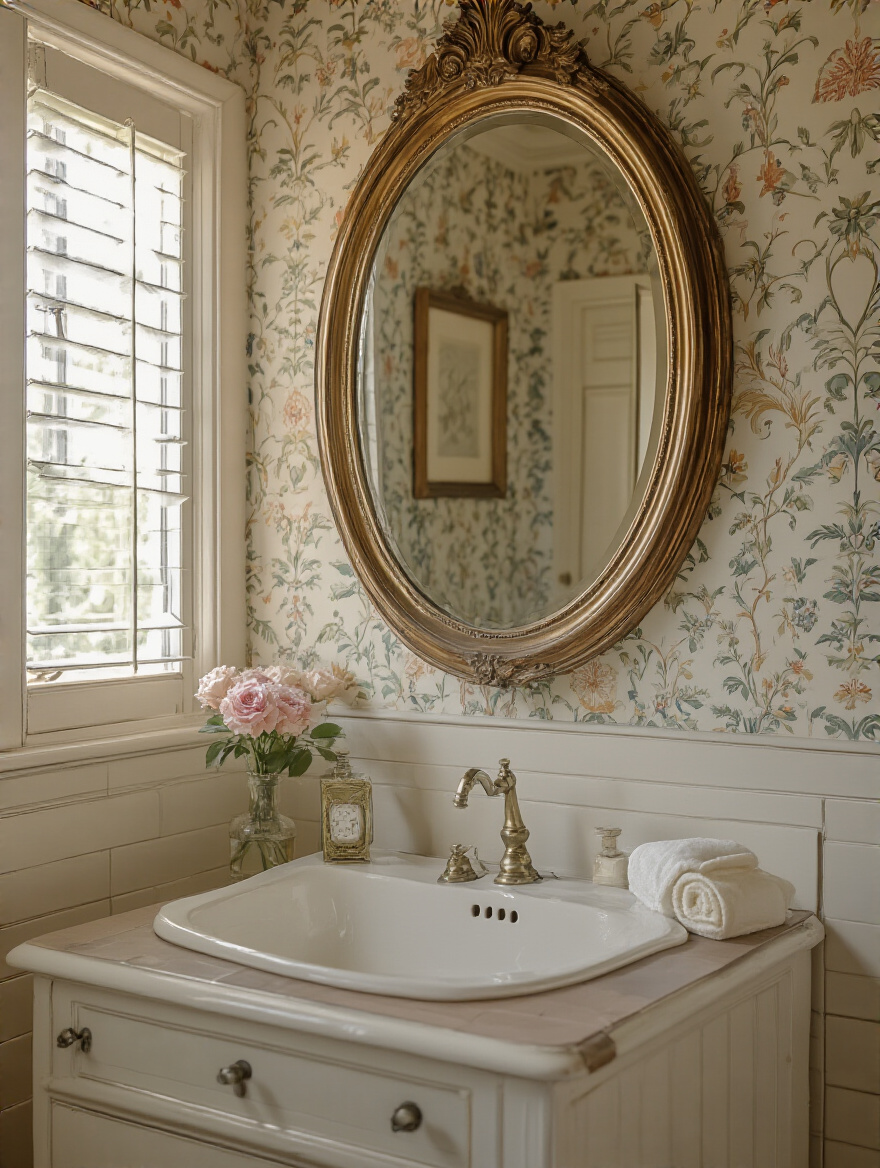 Oval, arch, and framed wood decorative wall mirrors in a vintage bathroom
