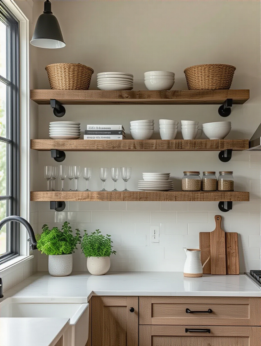 Open shelves in a bright, organized kitchen with dishes and herbs