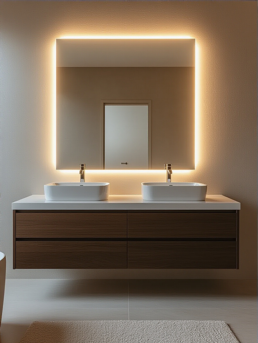 Modern bathroom with a backlit LED mirror above a double vanity, creating a soft, diffused glow and enhancing the room's depth.