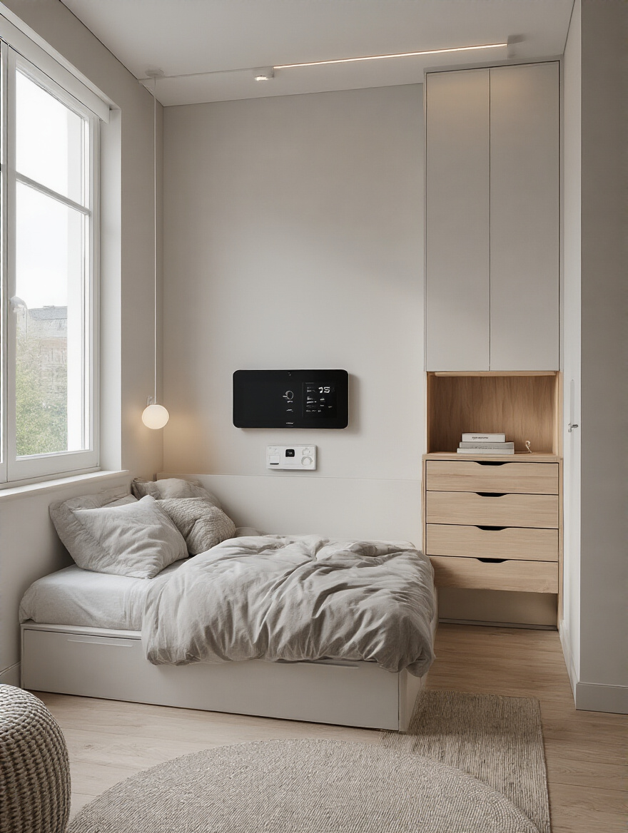 Vertical portrait of a small bedroom with built-in compact technology and clutter-free surfaces.