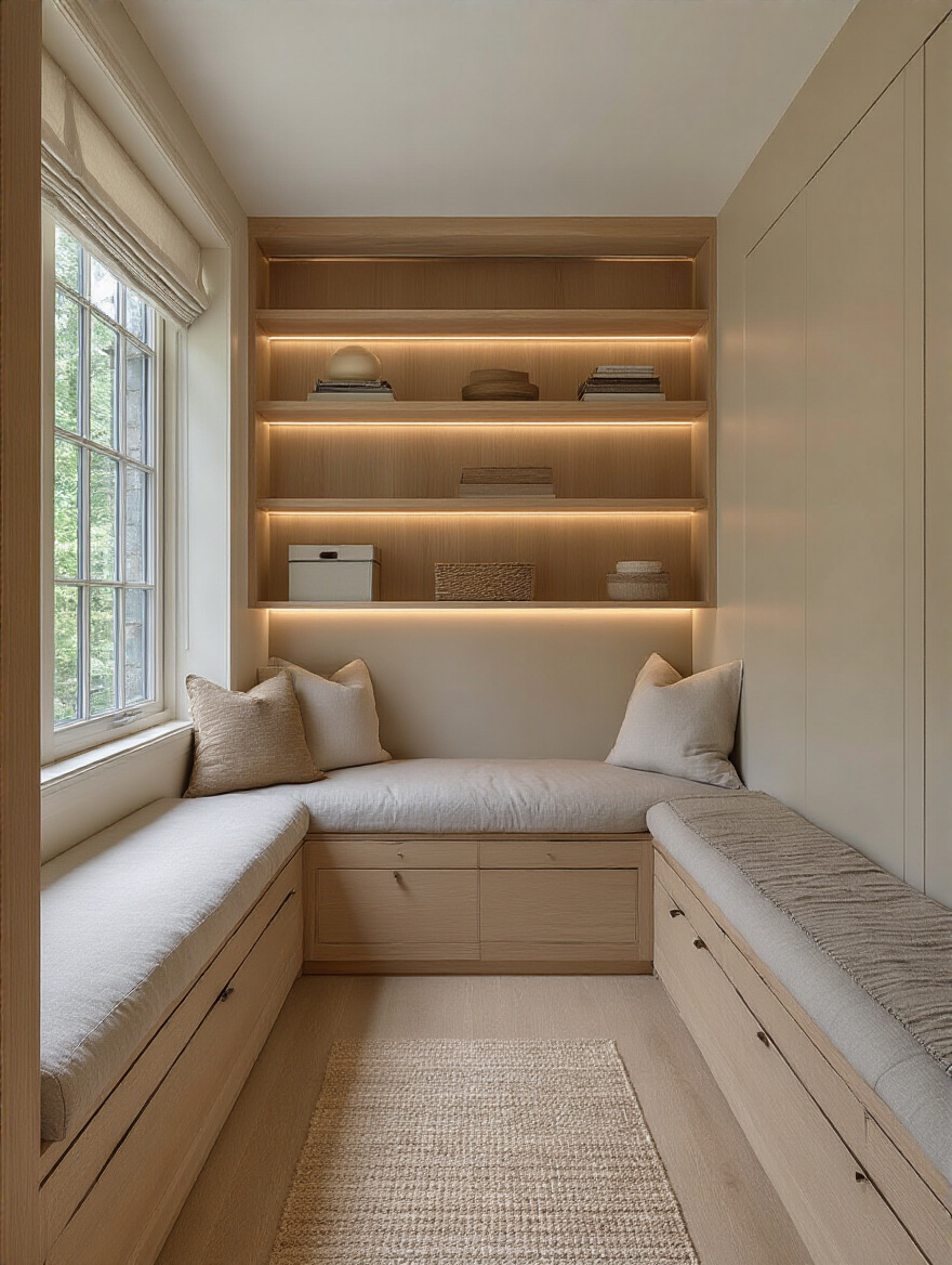 Modern small bedroom corner with built-in storage blending into wall