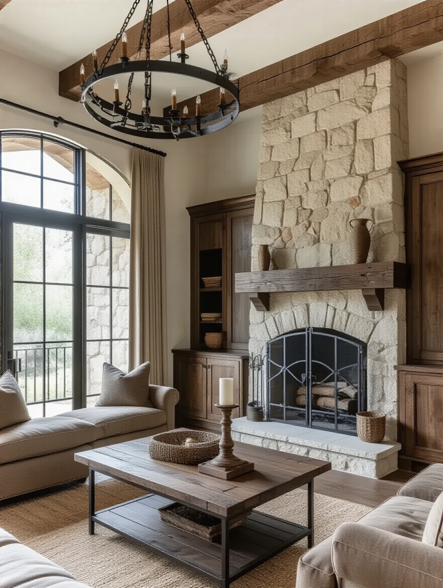 Portrait of a rustic living room with forged iron and bronze hardware features