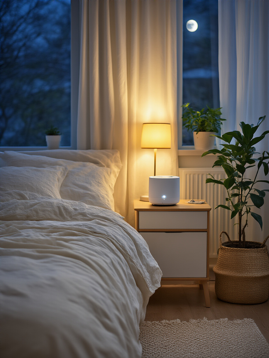 Cozy bedroom with ambient sound device and warm lighting