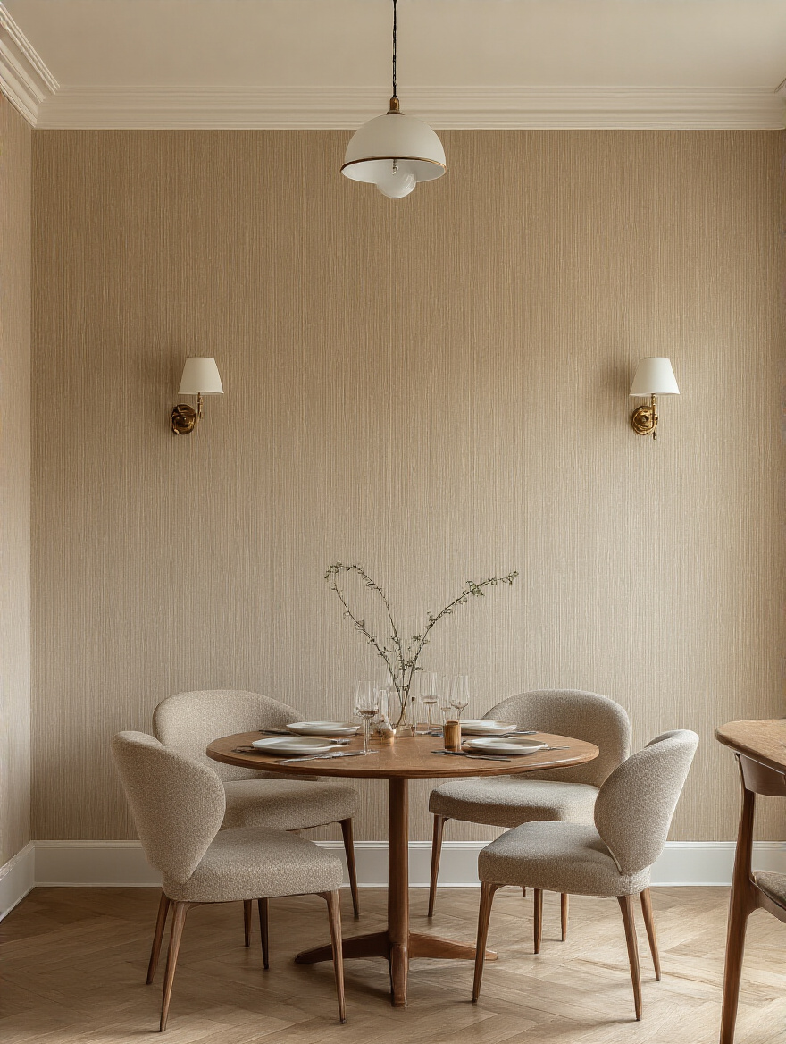 Dining room wallpaper illuminated to highlight texture and color