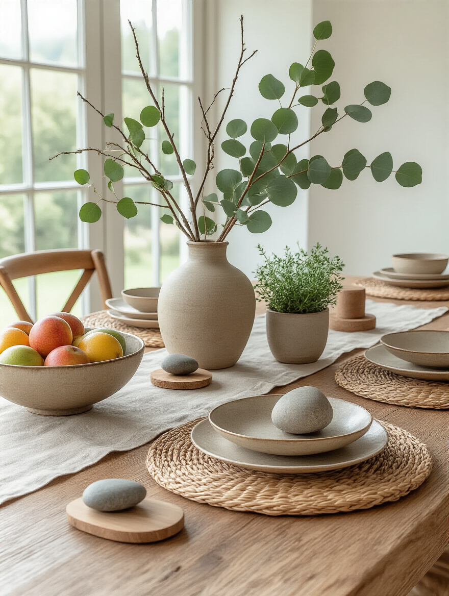 Portrait view of a kitchen table centerpiece featuring natural elements like branches, greenery, fruit, and linen on a wooden table