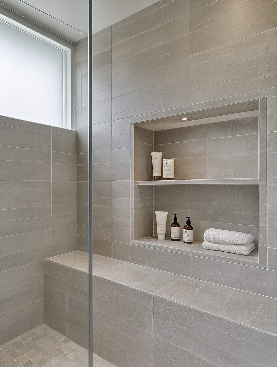 Modern walk-in shower with a large, integrated tile niche. The niche is tiled with matching light gray porcelain tiles and features neatly arranged luxury bath products. The design emphasizes seamless integration and a clean aesthetic.