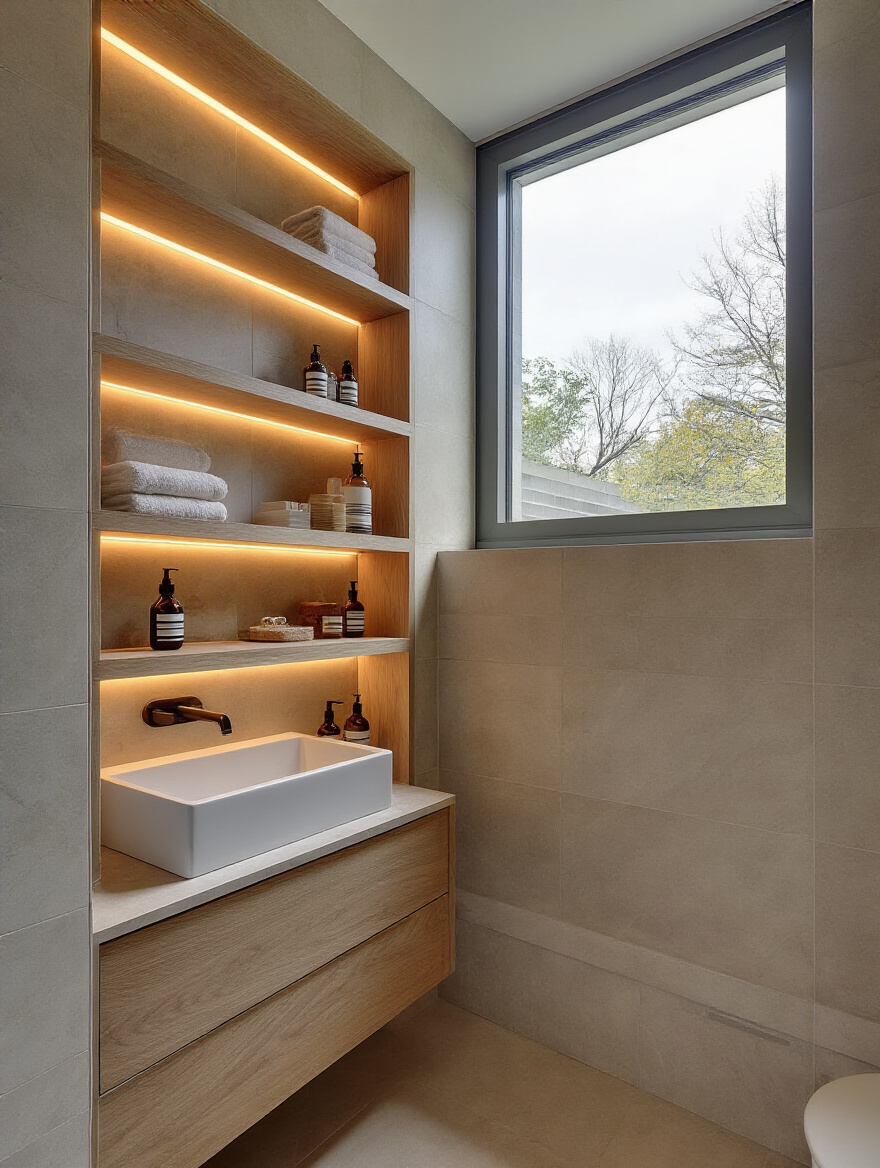 Vertical bathroom with built-in recessed niches and shelving in a wall cavity
