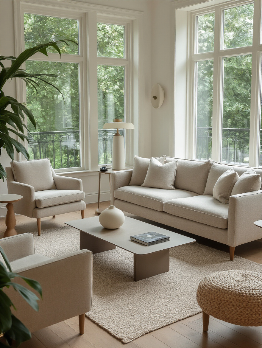 A well-appointed living room showcasing a strategically placed coffee table in front of a sofa and a side table next to an armchair, all within easy reach, emphasizing accessible living room furniture layout for convenience and comfort.