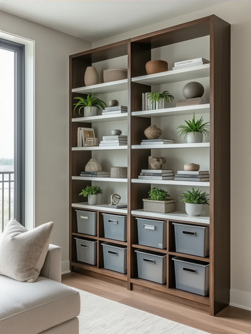 A modern apartment living room featuring tall vertical storage solutions, including a sleek bookcase and floating shelves, neatly organized to maximize space and reduce clutter.