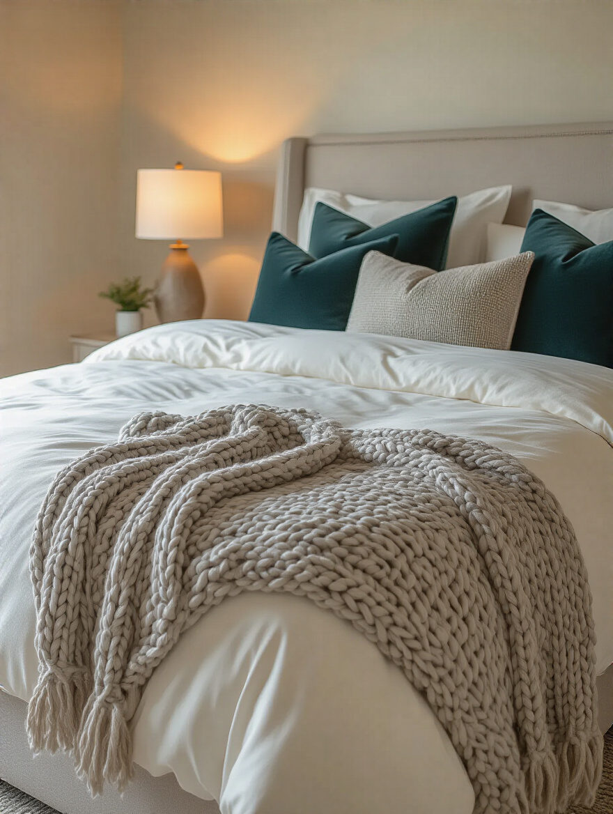 Portrait view of a cozy bedroom with throws and cushions