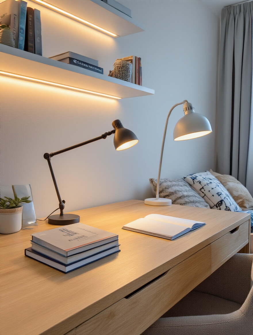 A cozy and well-lit teen girl's bedroom study nook featuring a desk with a bright LED task lamp and warm ambient lighting from a floor lamp and LED strips under shelves.