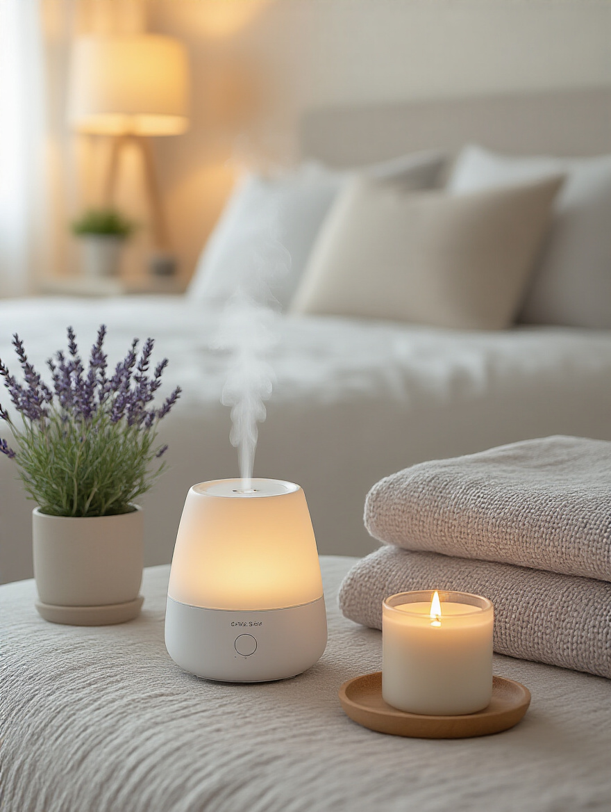Calming scents setup in a cozy bedroom with diffuser and candle