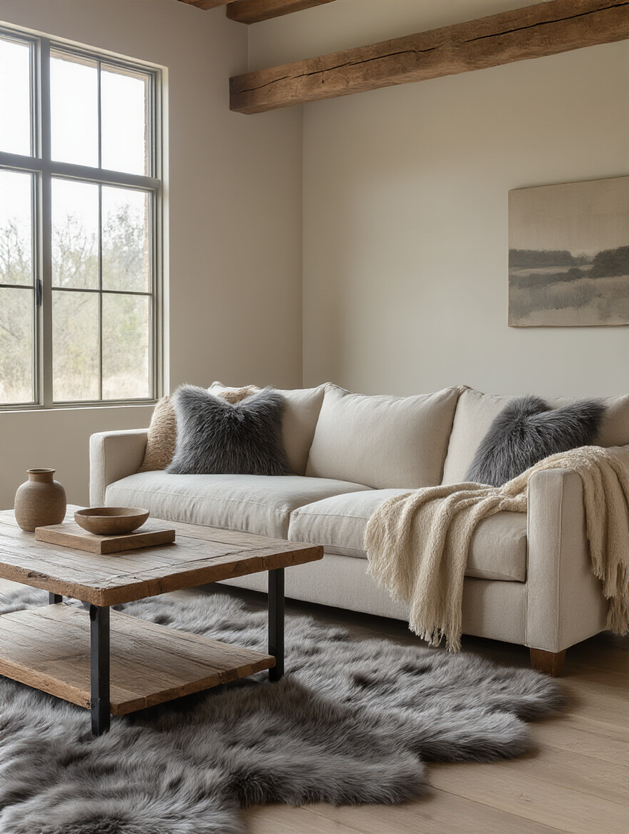 Rustic living room with chunky knit throws and faux fur rug for layered coziness