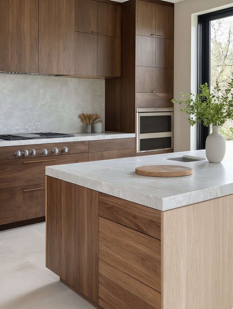 Modern kitchen showcasing dark walnut cabinets, a light white oak island base, and a grey-veined marble countertop, illustrating complementary wood tones for depth and warmth.