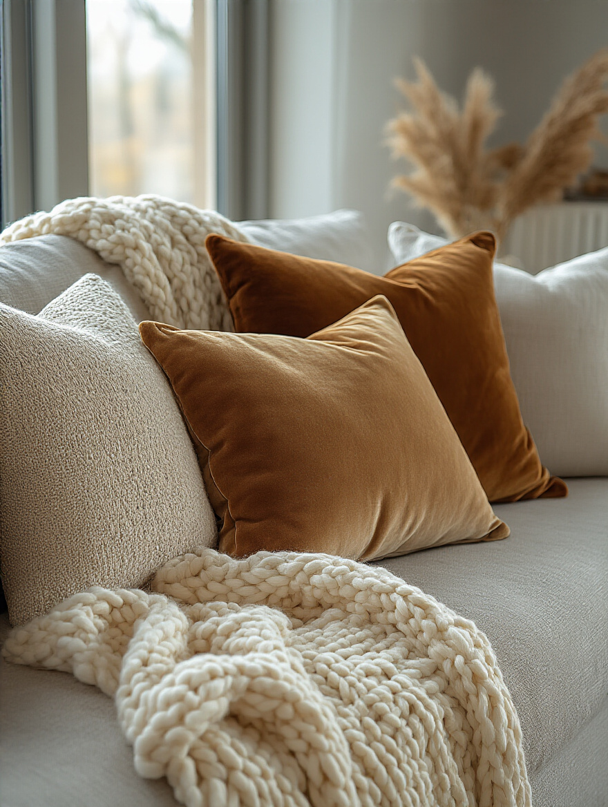 A cozy apartment living room sofa corner adorned with diverse textured throw pillows (velvet, linen) and a chunky knit blanket, bathed in natural light, evoking warmth and comfort.