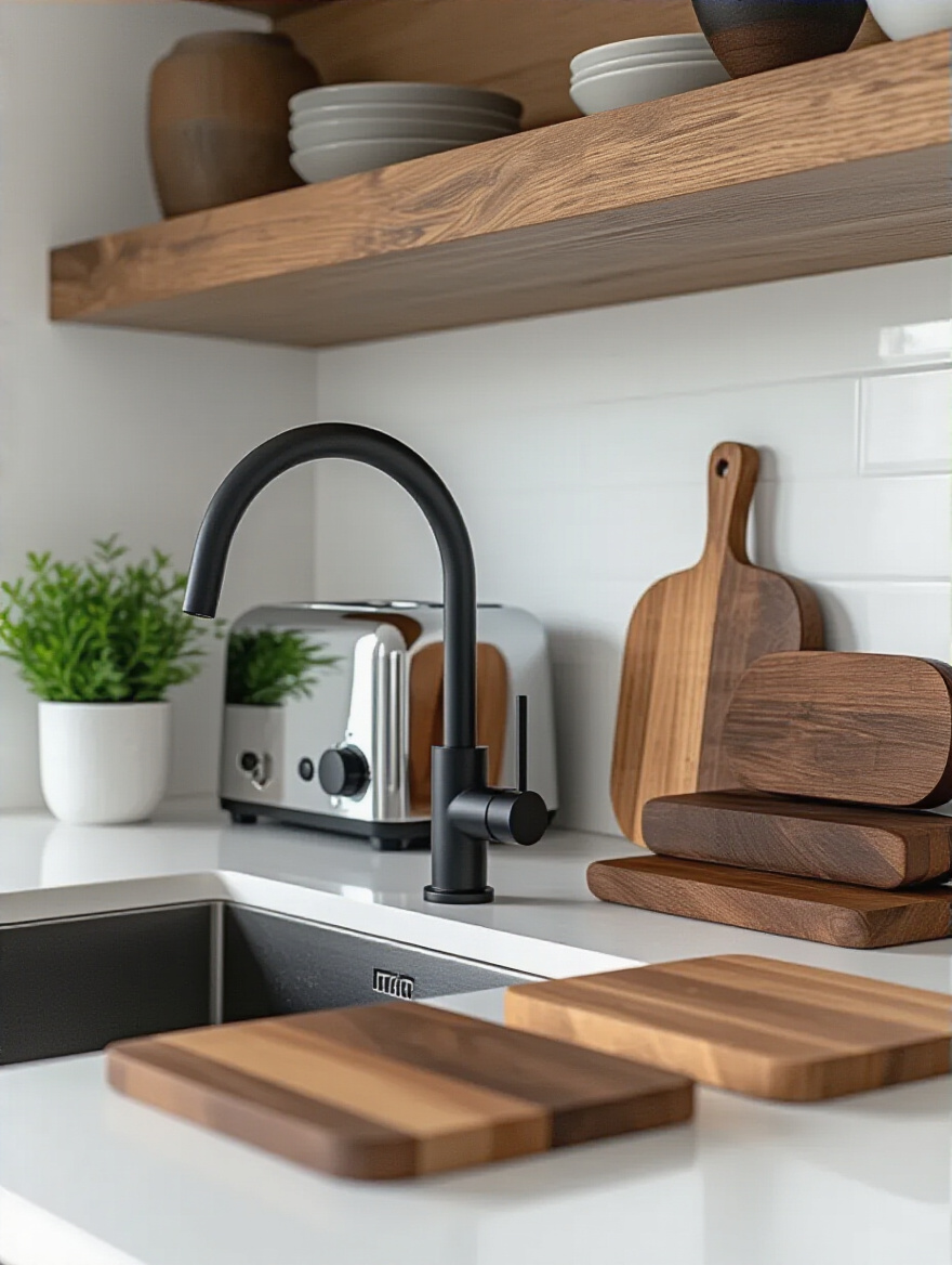 Modern white quartz kitchen countertop featuring matte black faucet, stainless steel toaster, and dark wood cutting boards for dynamic visual contrast.