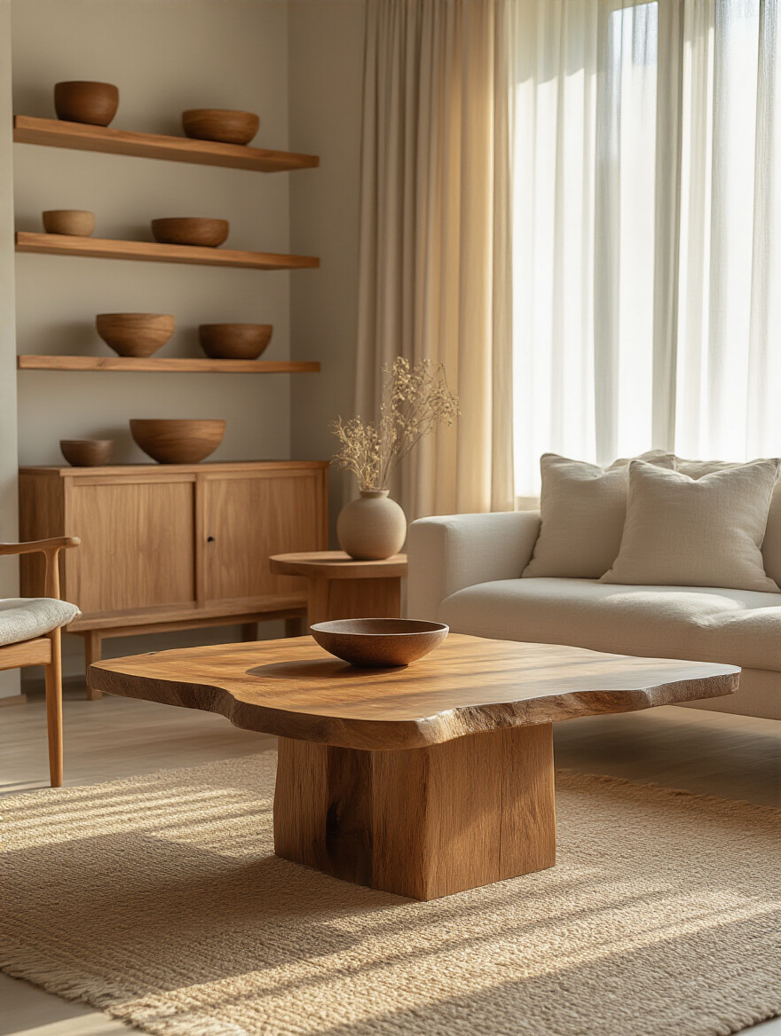 Cozy living room with natural wood accents and warm lighting