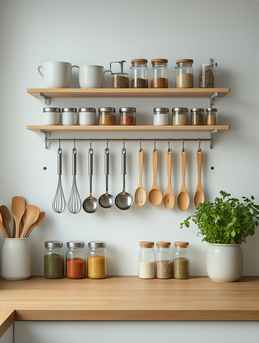 Kitchen wall with modern white pegboard organizing an array of shiny stainless steel cooking utensils, wooden spoons, measuring cups, and small spice jars on mini shelves, brightly lit, close-up, functional decor