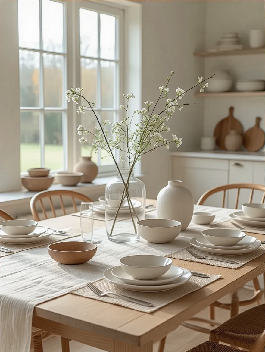 Portrait of a kitchen table styled with versatile decor pieces in a neutral palette