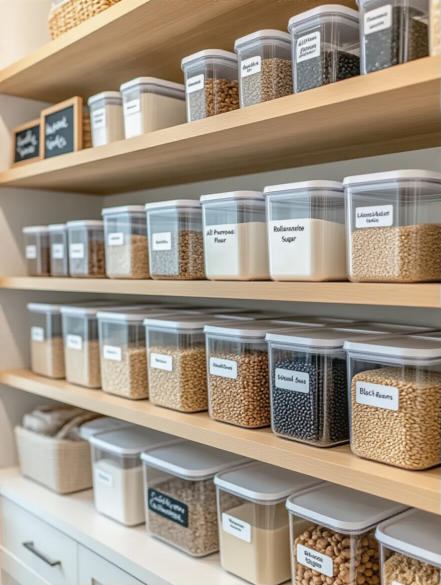 Close-up of clear kitchen pantry containers uniformly labeled with ingredients like flour and oats, arranged neatly on a light wooden shelf in a well-lit, organized kitchen.