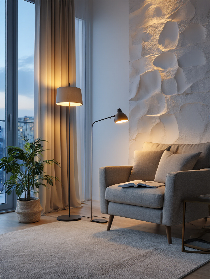 A modern apartment living room featuring layered lighting from an ambient floor lamp, a task reading lamp, and accent LED strips on a feature wall, creating a warm and inviting atmosphere.