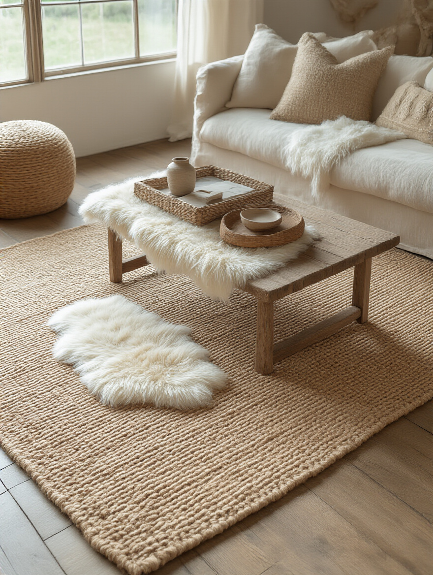 Portrait of a rustic living room with layered rugs—base natural fiber rug with a plush top rug, warm earthy tones.