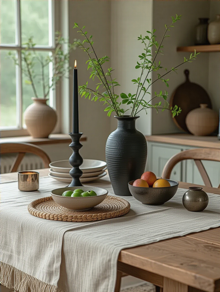 Portrait-style still life of layered heights and textures on a kitchen table centerpiece