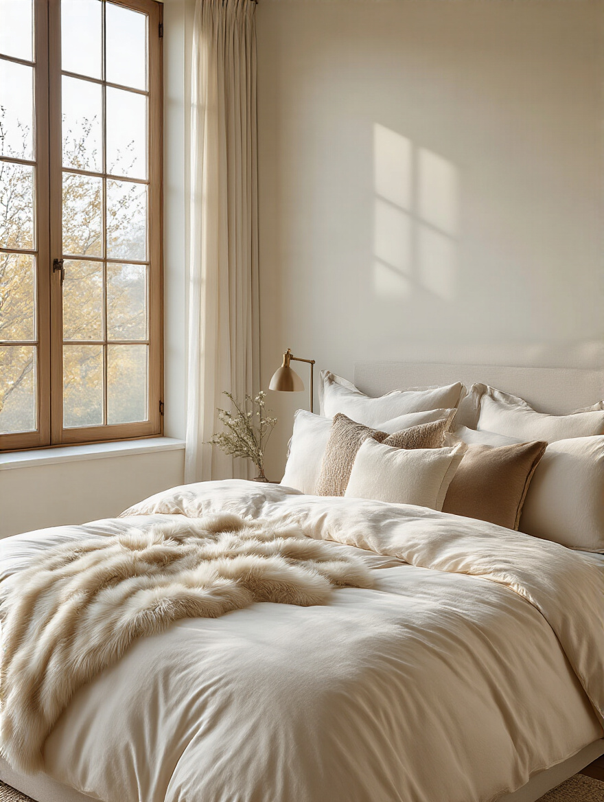 Portrait view of luxurious layered bedding textures in a cozy bedroom