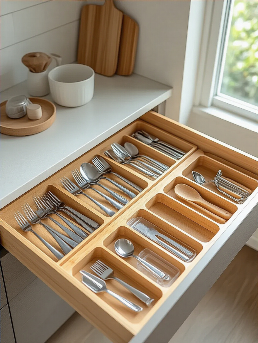 A perfectly organized kitchen drawer featuring expandable bamboo drawer dividers and clear acrylic bins, neatly separating forks, knives, spoons, spatulas, and various small kitchen gadgets. The image highlights effective cutlery and utensil storage solutions.