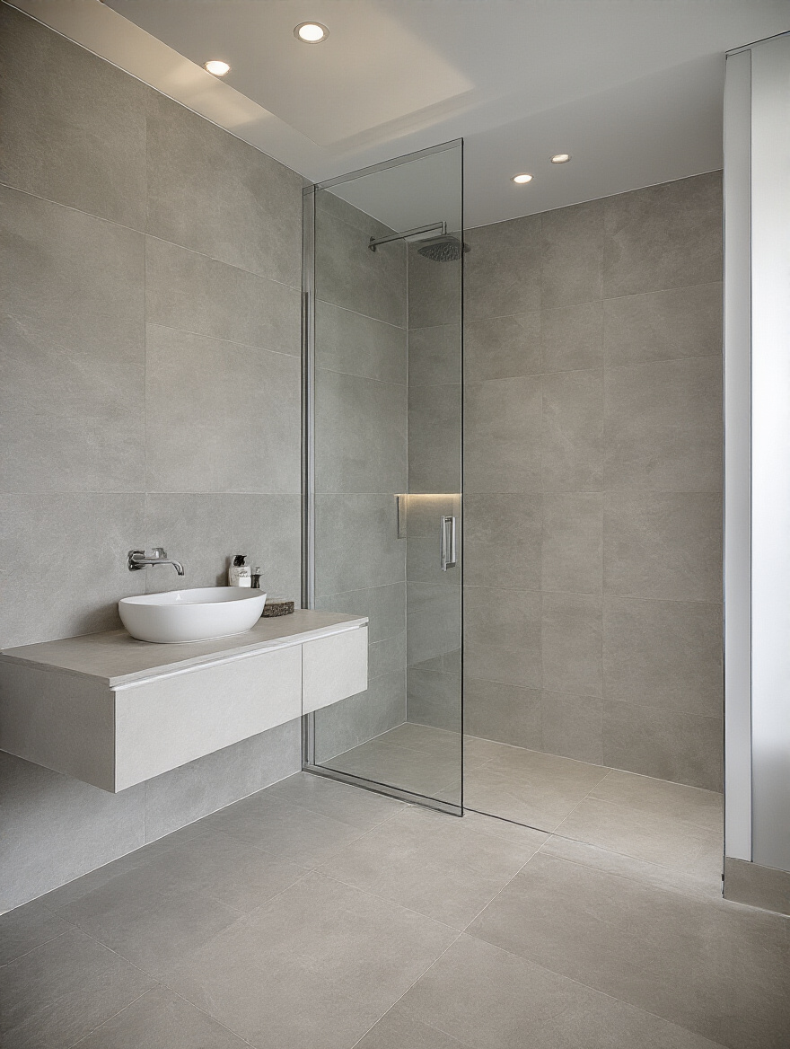 Modern bathroom with light grey large format tiles on floor and shower walls, emphasizing minimal grout lines for a seamless, expansive look.