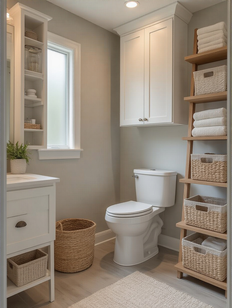 Tall vertical bathroom storage shelves and cabinets