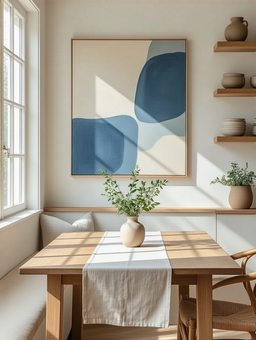 Dining nook with wall art and nearby shelves integrated with table decor.