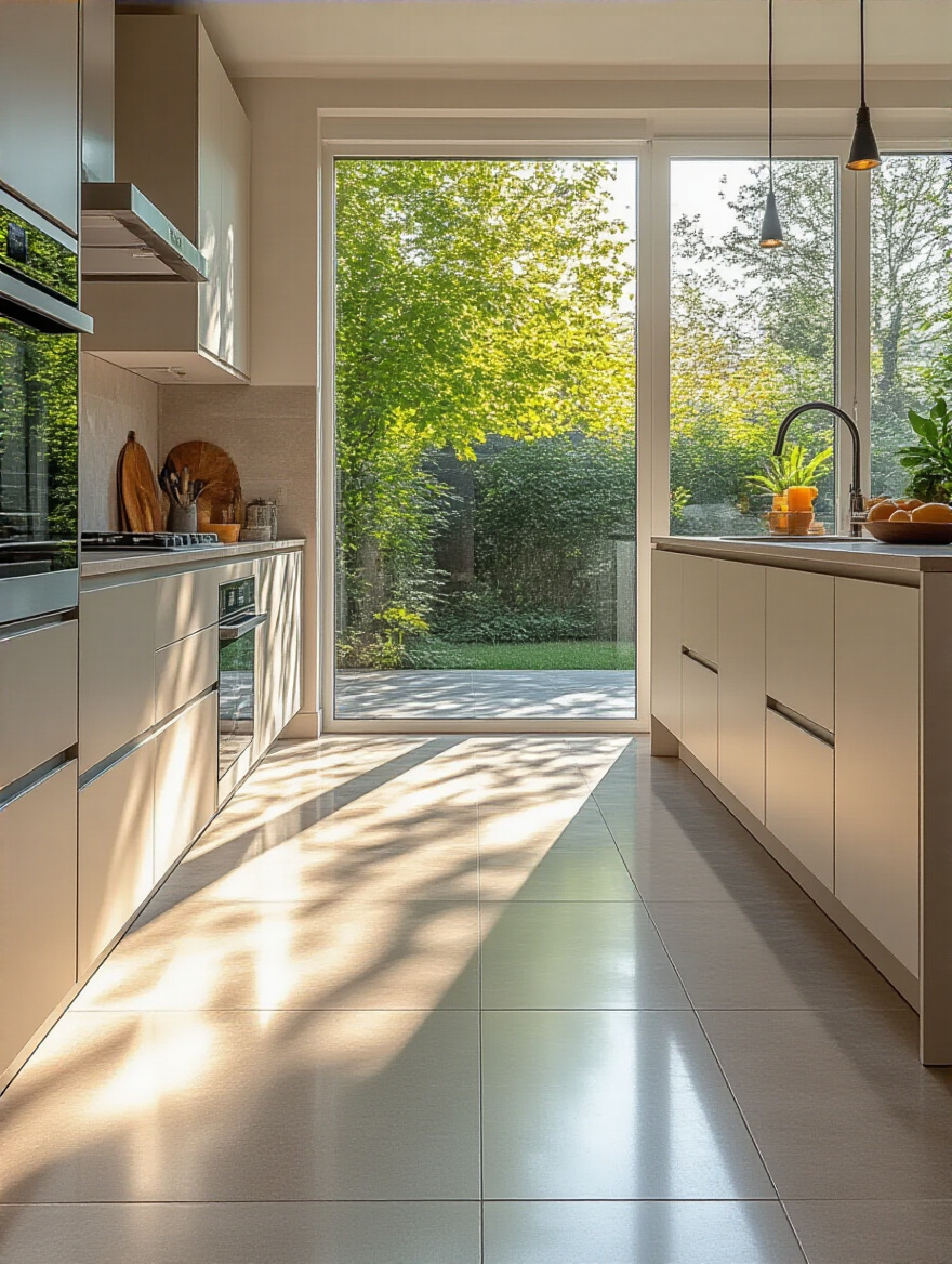 A modern kitchen with durable porcelain floor tiles designed for high traffic areas, reflecting light from a large window. Shows clean, resilient flooring.